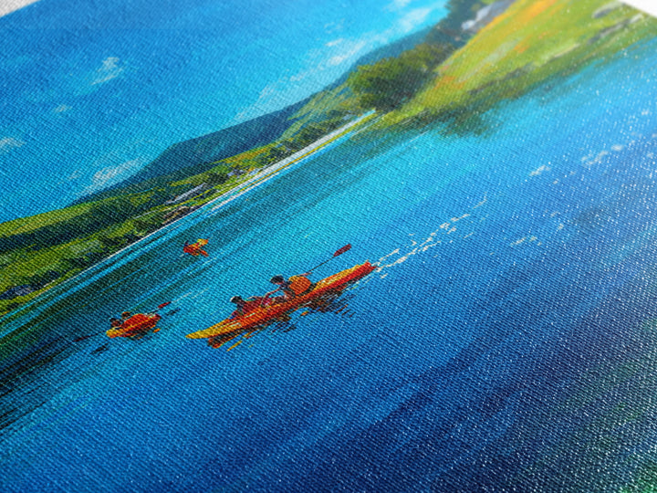 Vivid Kayakers On Blue Lake Under Clear Sky Colorful Outdoor Landscape Oil Painting Canvas Print