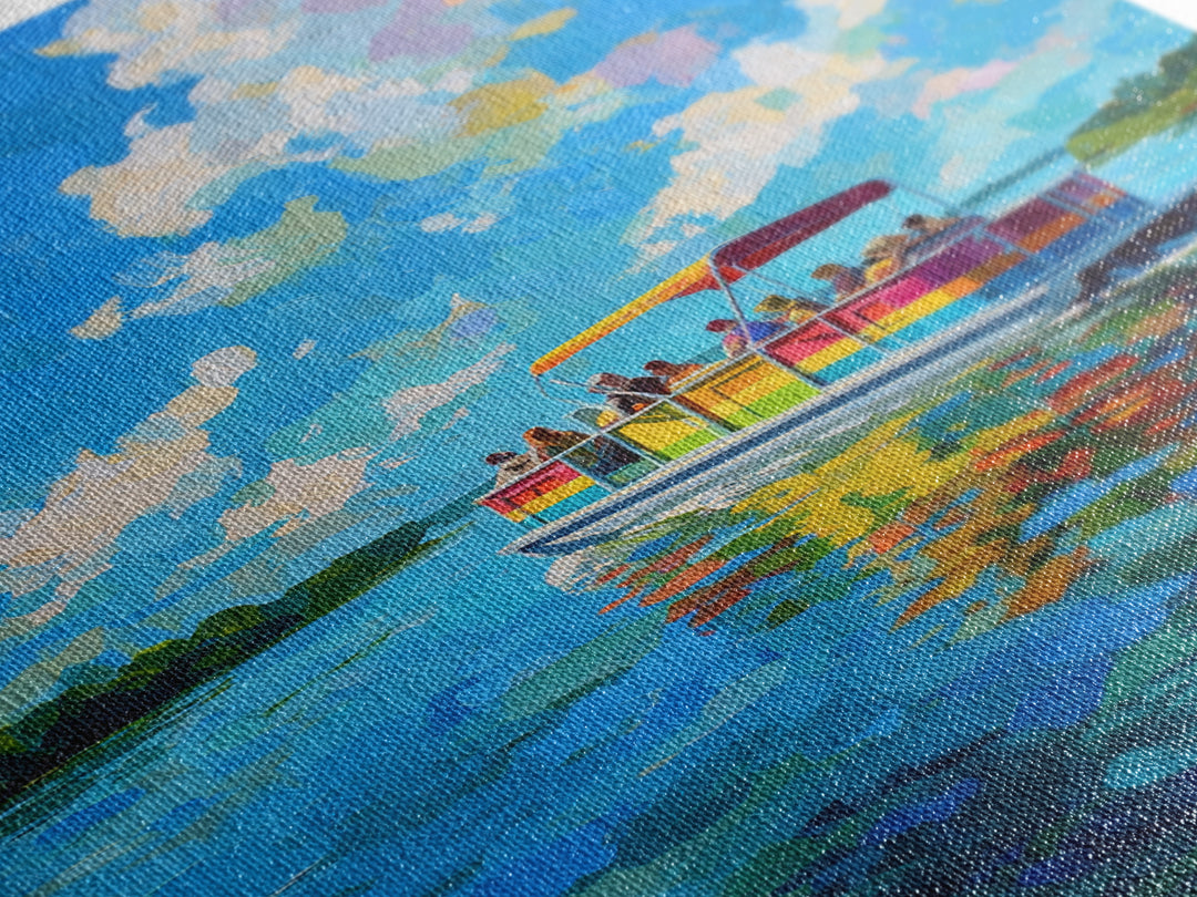 Vibrant Colorful Boat On Lake Under Blue Sky Bright Contemporary Painting Wall Art Framed Canvas Print