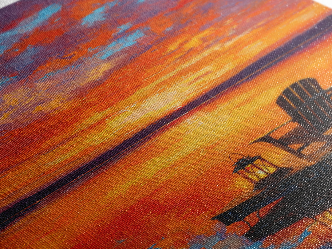 Warm Vibrant Sunset Lake Dock Scene Oil Painting Canvas Print Large Wall Art For Cozy Home Decor Living Room