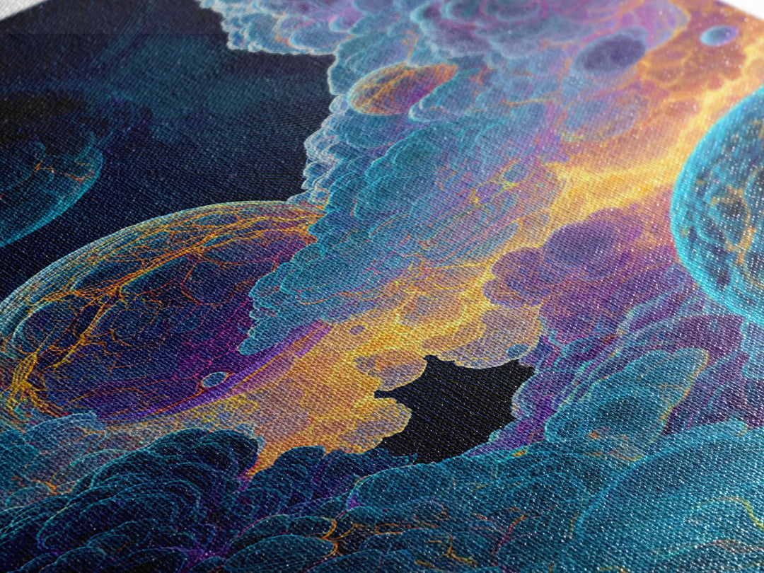 Surreal Cosmic Planets In Storm Clouds Wall Art, Psychedelic Space Print, Celestial Fantasy Home Decor, Moody Bedroom Gift