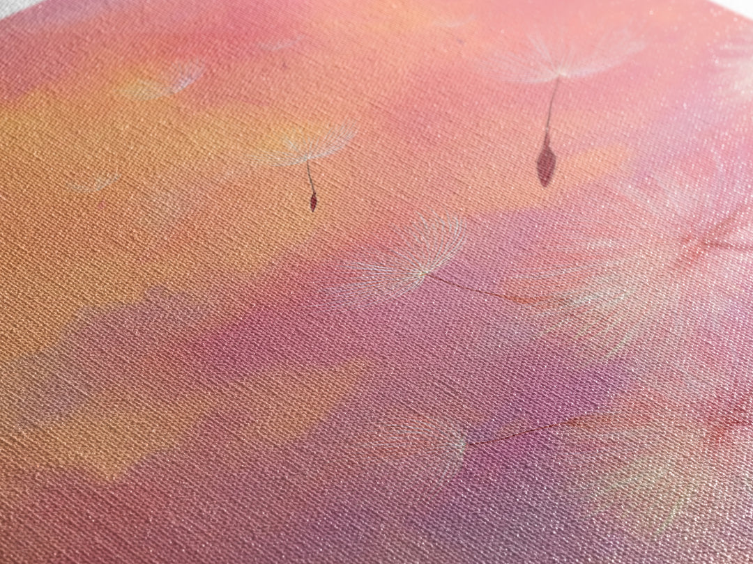 Floating Dandelion Seeds At Sunset Canvas Print, Pink Orange Wall Art For Bedroom Decor, Dreamy Feminine Nursery Art Gift