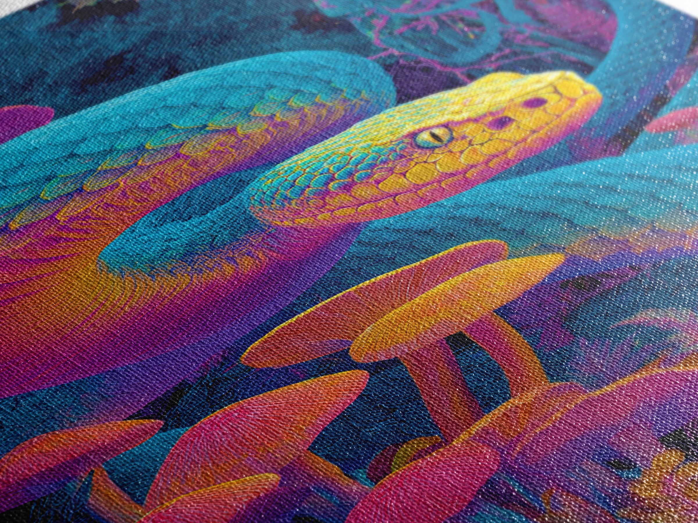 Vibrant Psychedelic Snake and Mushroom Art Wall Art Canvas Print Colorful Modern Wall Decor