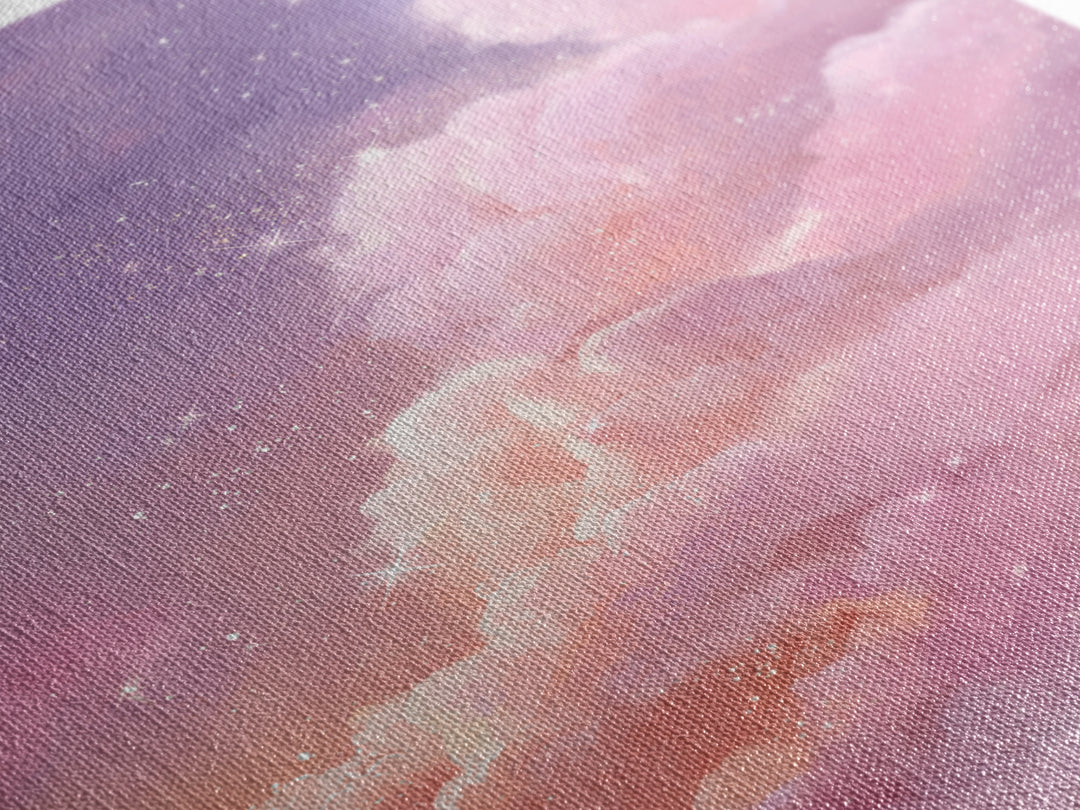 Sparkling Pink Clouds Under Starry Sky Canvas Print, Celestial Wall Art For Dreamy Bedroom Decor And Whimsical Nursery Decor