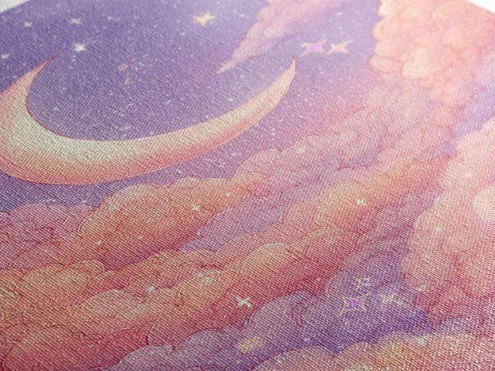 Pastel Crescent Moon In Pink Clouds Wall Art, Celestial Nursery Art, Dreamy Moon And Stars Decor For Bedroom Wall Decor Gift