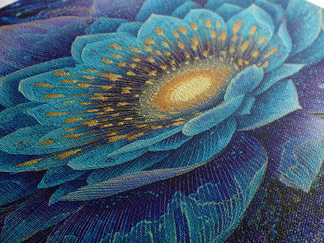 Radiant Blue Lotus Flower Wall Art, Spiritual Botanical Print, Meditation Room Decor, Boho Yoga Studio Canvas Gift For Her