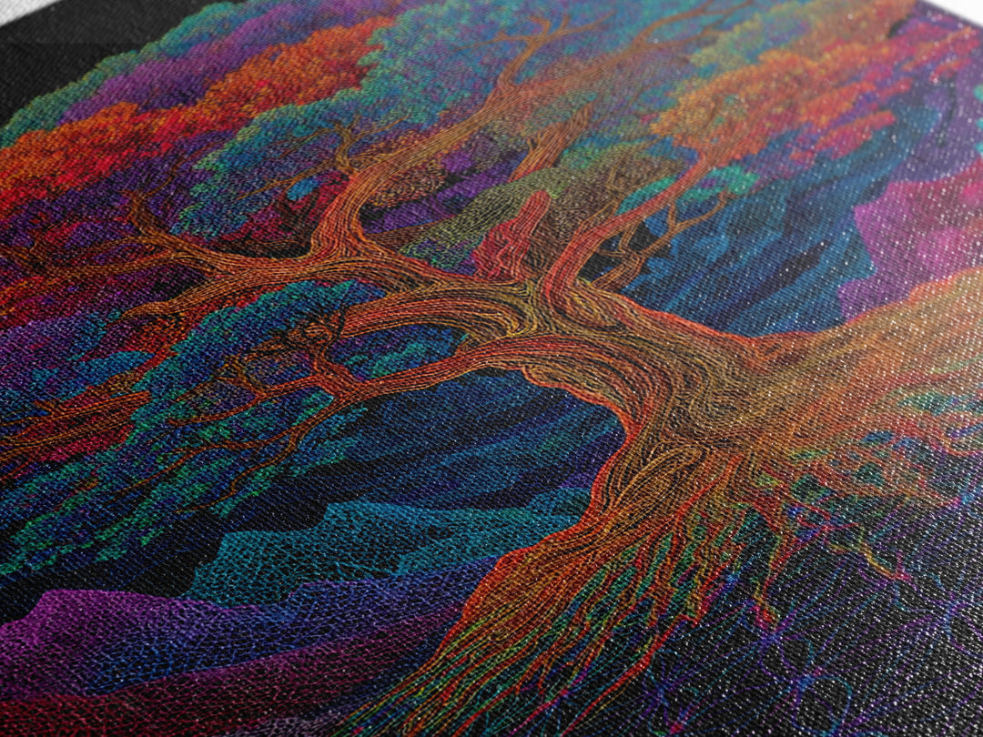 Vibrant Psychedelic Rainbow Tree With Abstract Roots Wall Art Canvas Print For Living Room And Boho Home Decor