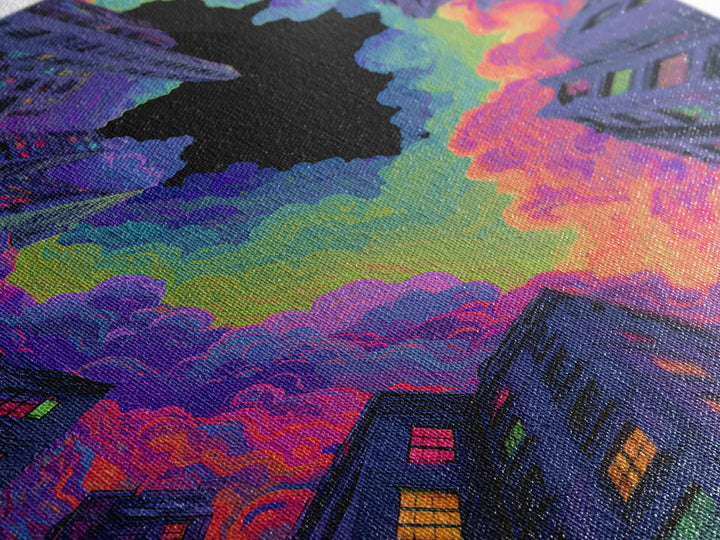 Neon City Skyscrapers Under Rainbow Clouds Wall Art, Urban Pop Art Print, Cyberpunk Decor, Modern Maximalist Living Room Wall Art