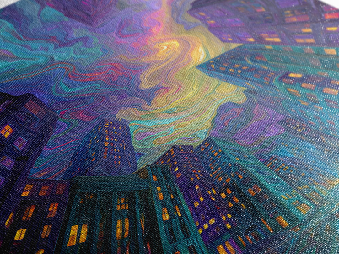 Swirling Neon City Skyline Framed Canvas Print, Psychedelic Urban Wall Art, Modern Apartment Decor, Colorful Living Room Gift