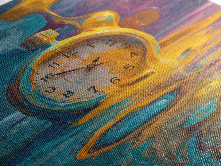 Melting Golden Alarm Clock Canvas Print, Surreal Wall Art, Colorful Abstract Painting, Whimsical Office Decor, Unique Gift