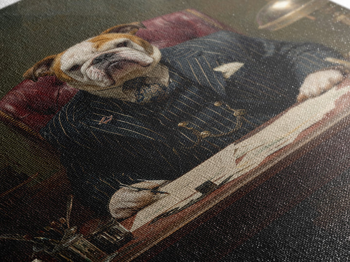 Bulldog Lawyer At Antique Desk Framed Canvas Print, Funny Dog Wall Art For Law Office Decor, Gentleman Pet Portrait Gift