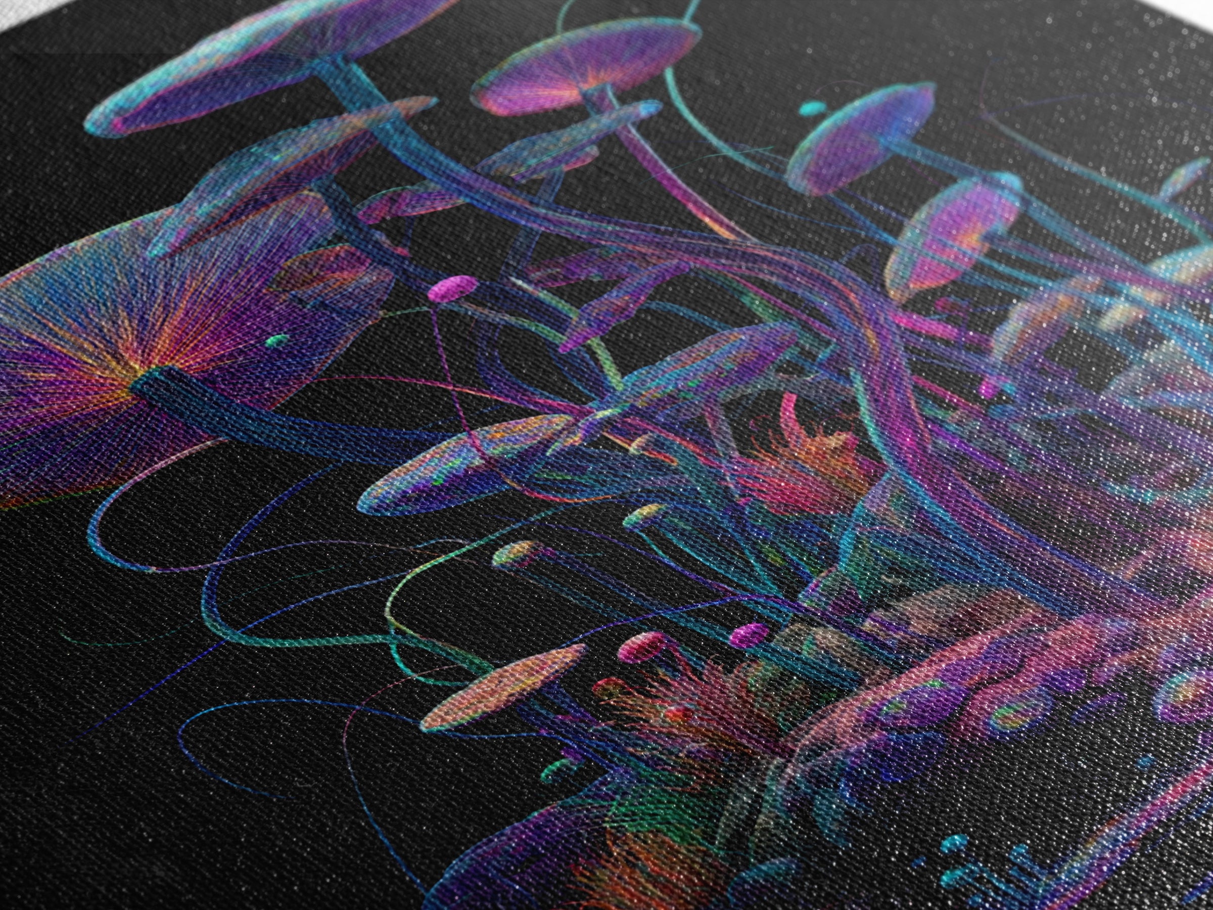 Bioluminescent Mushroom Garden On Black, Psychedelic Wall Art, Trippy Canvas Print, Gothic Decor, Unique Maximalist Gift