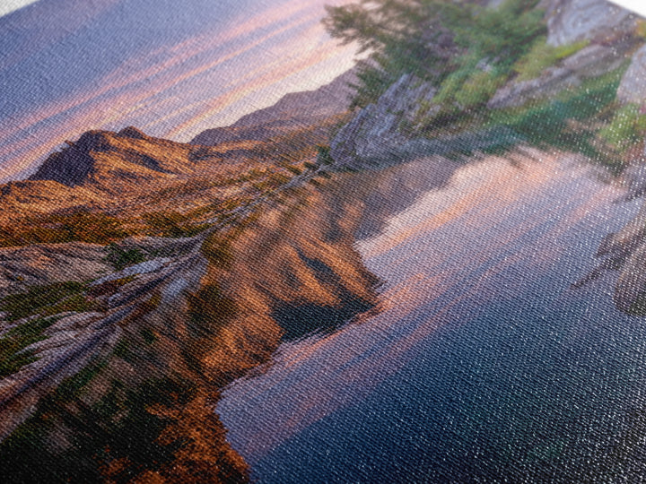 Stunning Mountain Lake Reflection At Sunset With Rocky Peaks And Pine Trees Wall Art Framed Canvas Print For Living Room