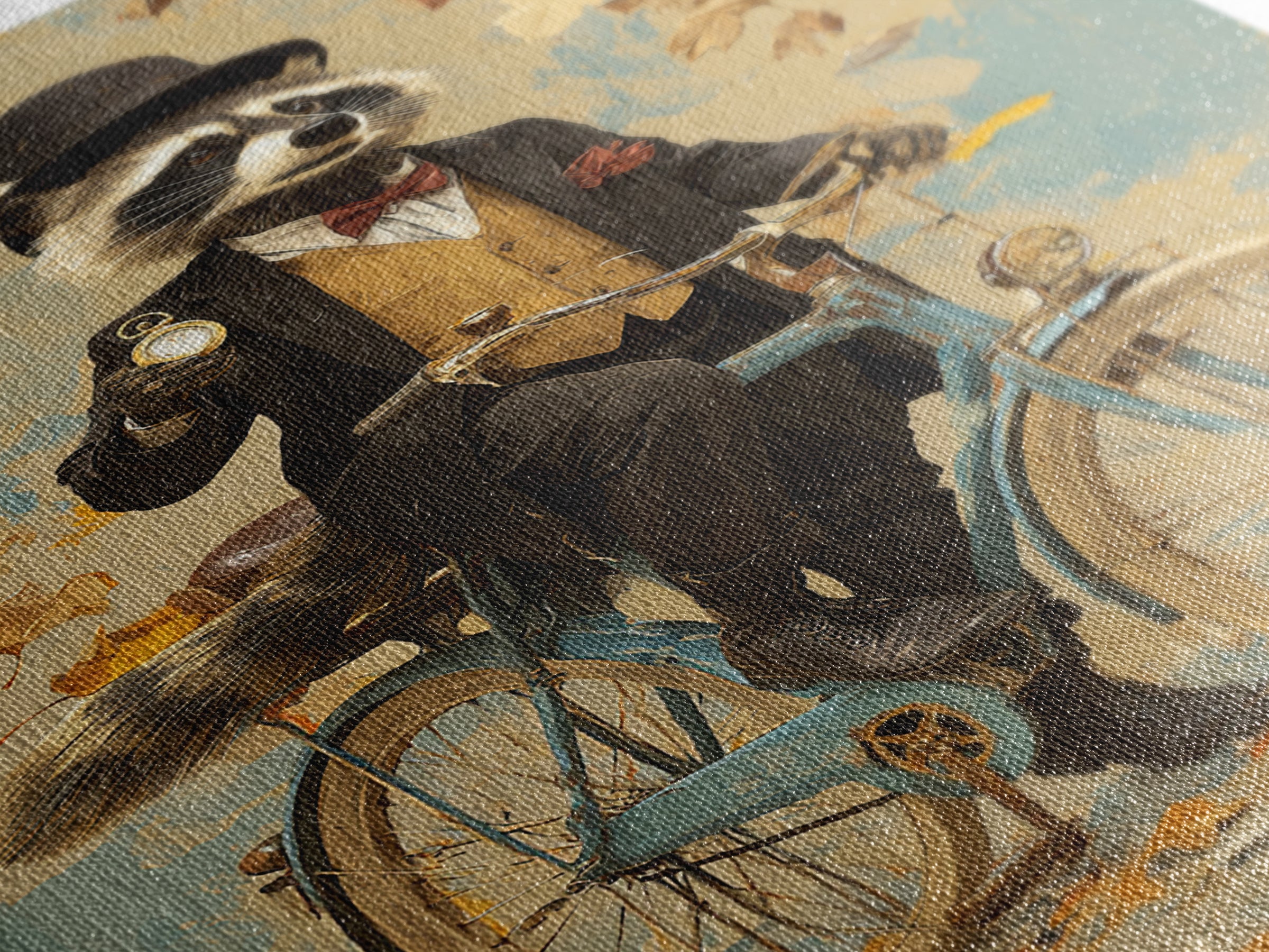 Whimsical Raccoon Riding Bicycle Canvas Print, Dapper Animal Wall Art For Nursery Room Decor And Quirky Animal Lover Gift