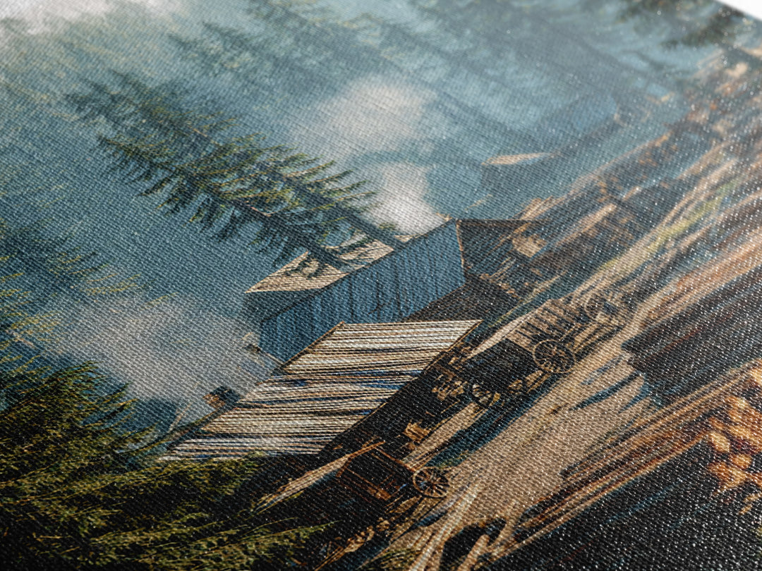 Rustic Log Cabin Village In Misty Forest Painting Wall Art Canvas Print For Cozy Home Decor Living Room Wall Art