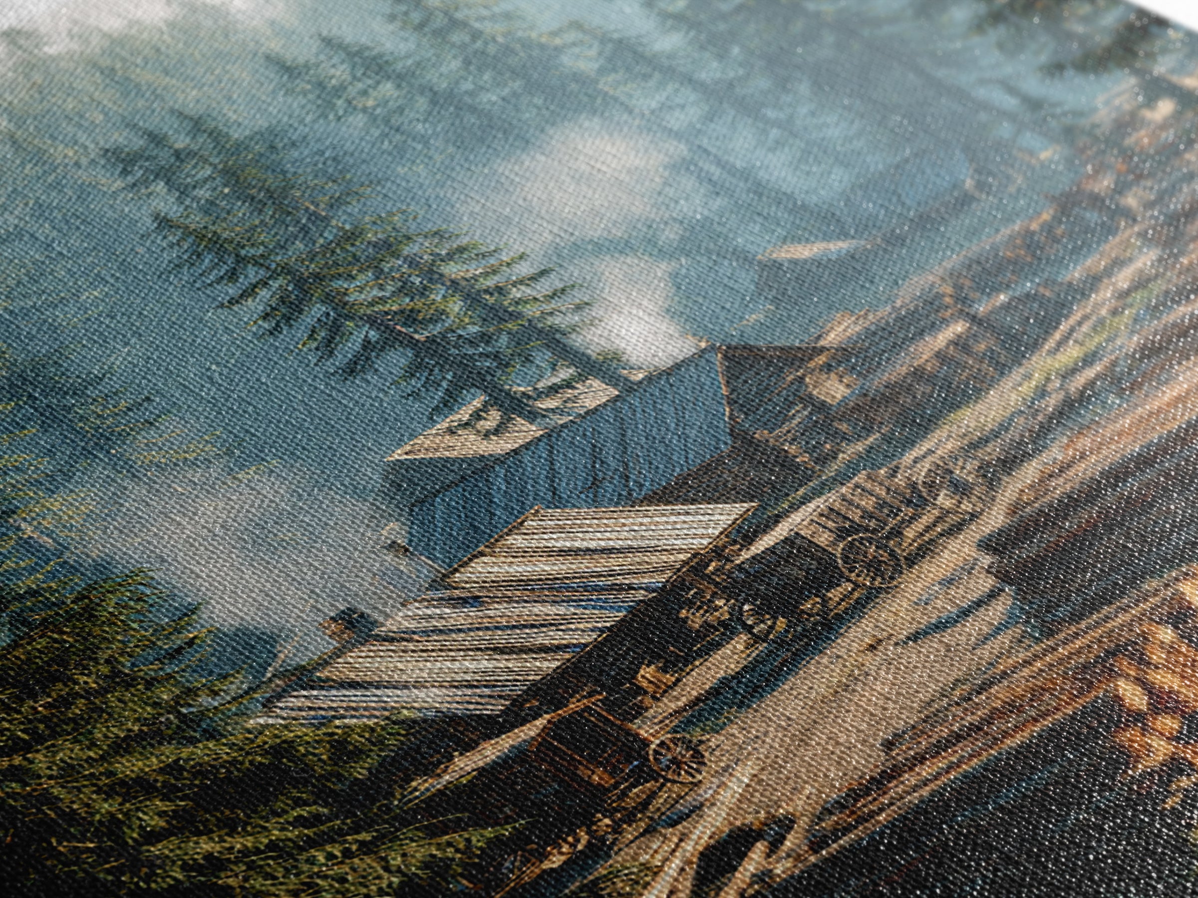 Rustic Log Cabin Village In Misty Forest Painting Wall Art Canvas Print For Cozy Home Decor Living Room Wall Art