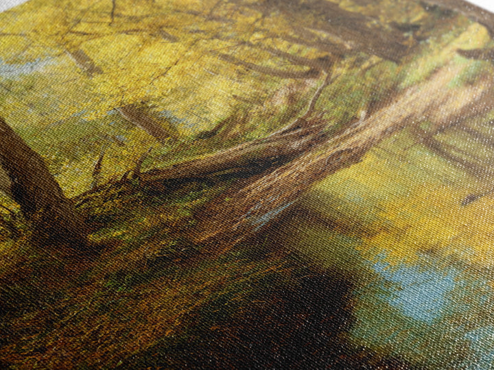 Serene Autumn Forest Landscape Oil Painting Canvas Print Featuring Golden Trees And Reflections For Wall Art