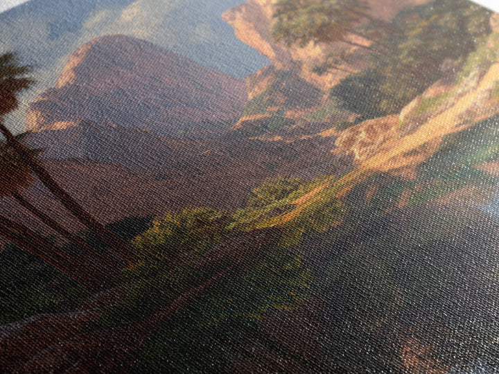 Stunning Desert Canyon Landscape Painting With Palm Trees Reflecting In Water Large Wall Art Canvas Print For Southwestern Home Decor