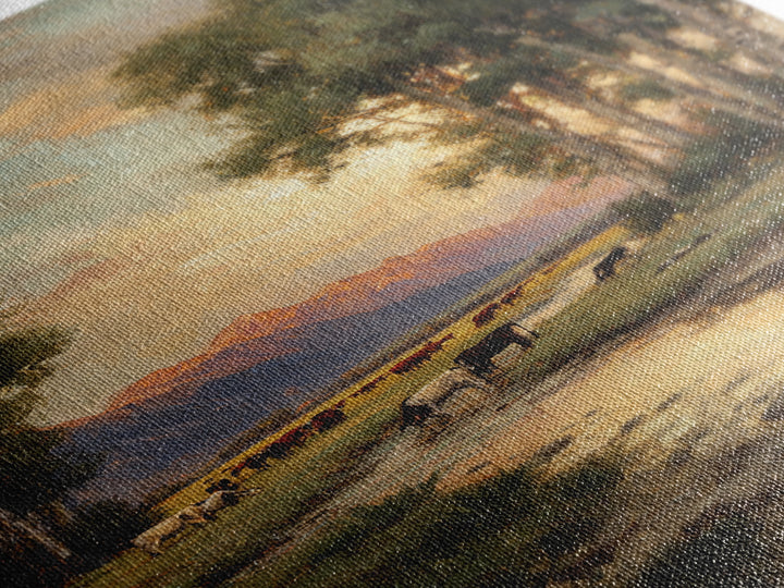 Serene Pastoral Landscape Oil Painting Artwork Featuring Cows Grazing Near Mountains Large Wall Art Canvas Print For Rustic Home Decor