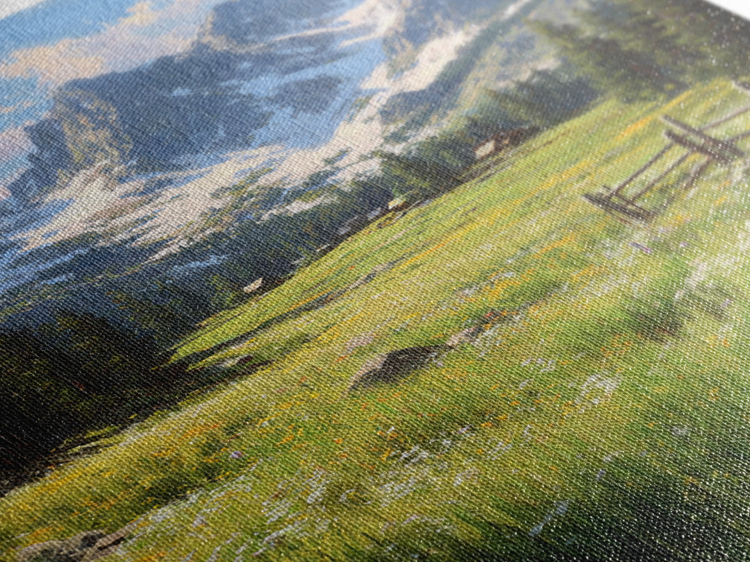 Rustic Mountain Landscape With Wildflower Meadow Original Oil Painting Large Wall Art Canvas Print