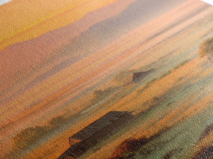 Golden Morning Mist Over Rustic Barns And Horses With Mountain Background Wall Art For Cozy Living Room Decor