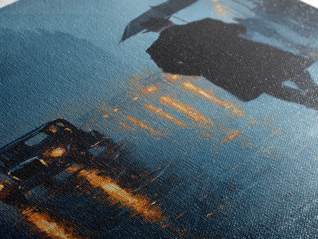 Rainy London Street With Umbrella Wall Art, Moody Blue Cityscape Oil Painting Print For Living Room Office Decor And Dark Academia