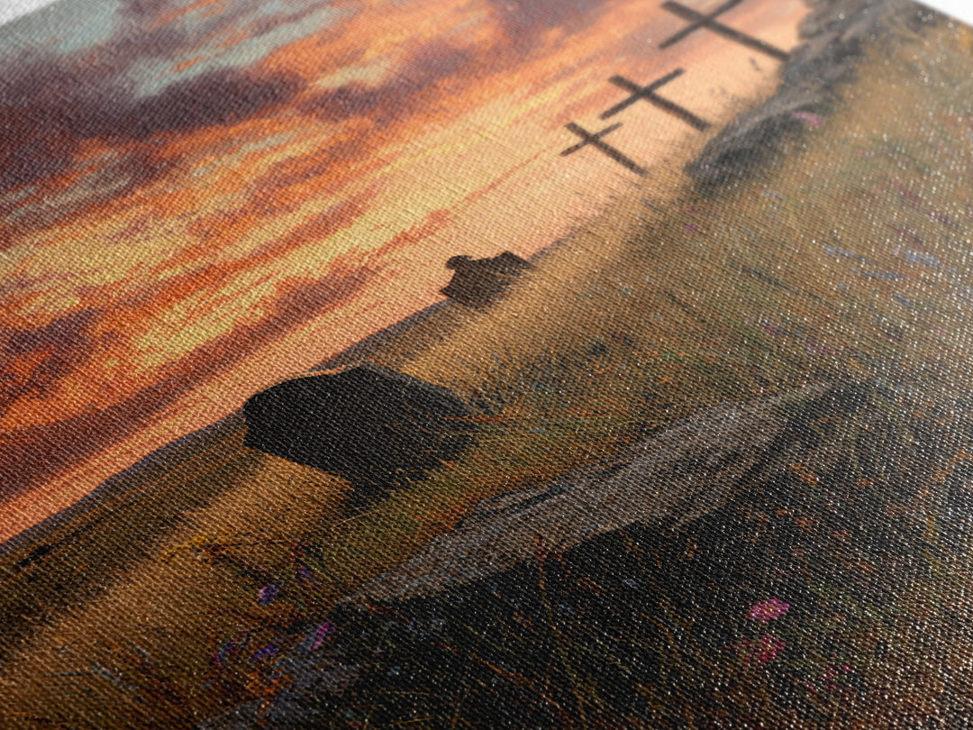Sunset Cemetery Scene Oil Painting With Striking Sky And Crosses Wall Art Framed Canvas Print For Living Room Decor