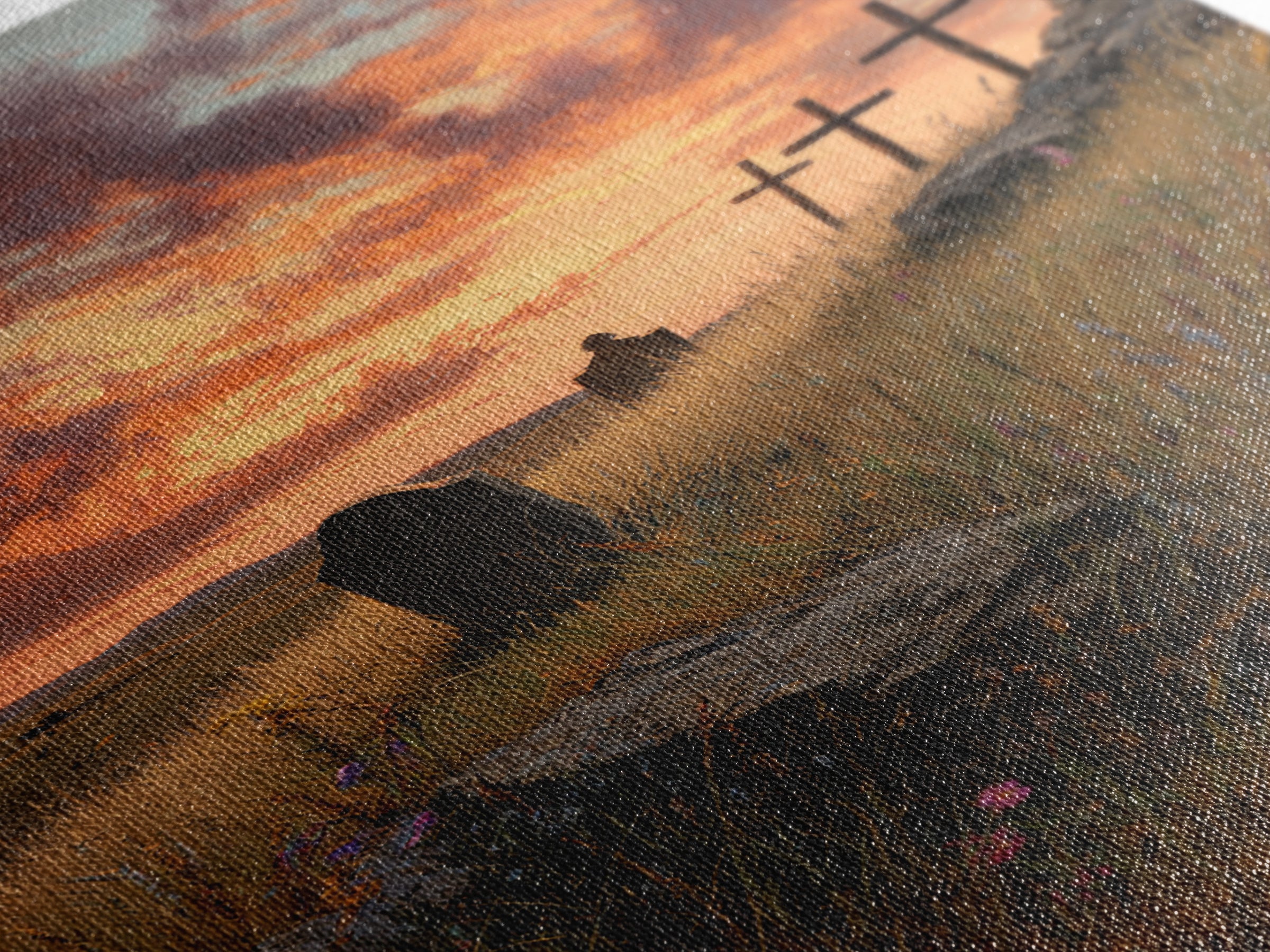 Sunset Cemetery Scene Oil Painting With Striking Sky And Crosses Wall Art Framed Canvas Print For Living Room Decor
