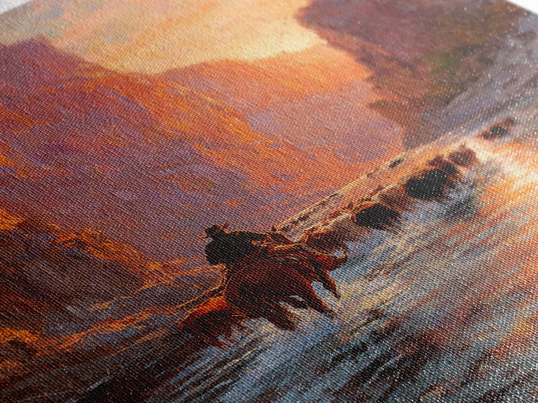 Cowboy Herding Cattle Through Sunlit Canyon Scene Classic Western Oil Painting Framed Canvas Print For Rustic Wall Art Farmhouse Décor