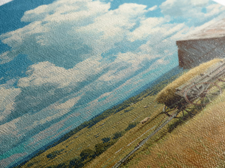 Bright Sunlit Barn And Field Landscape Painting Wall Art Canvas Print For Cozy Farmhouse Rustic Decor