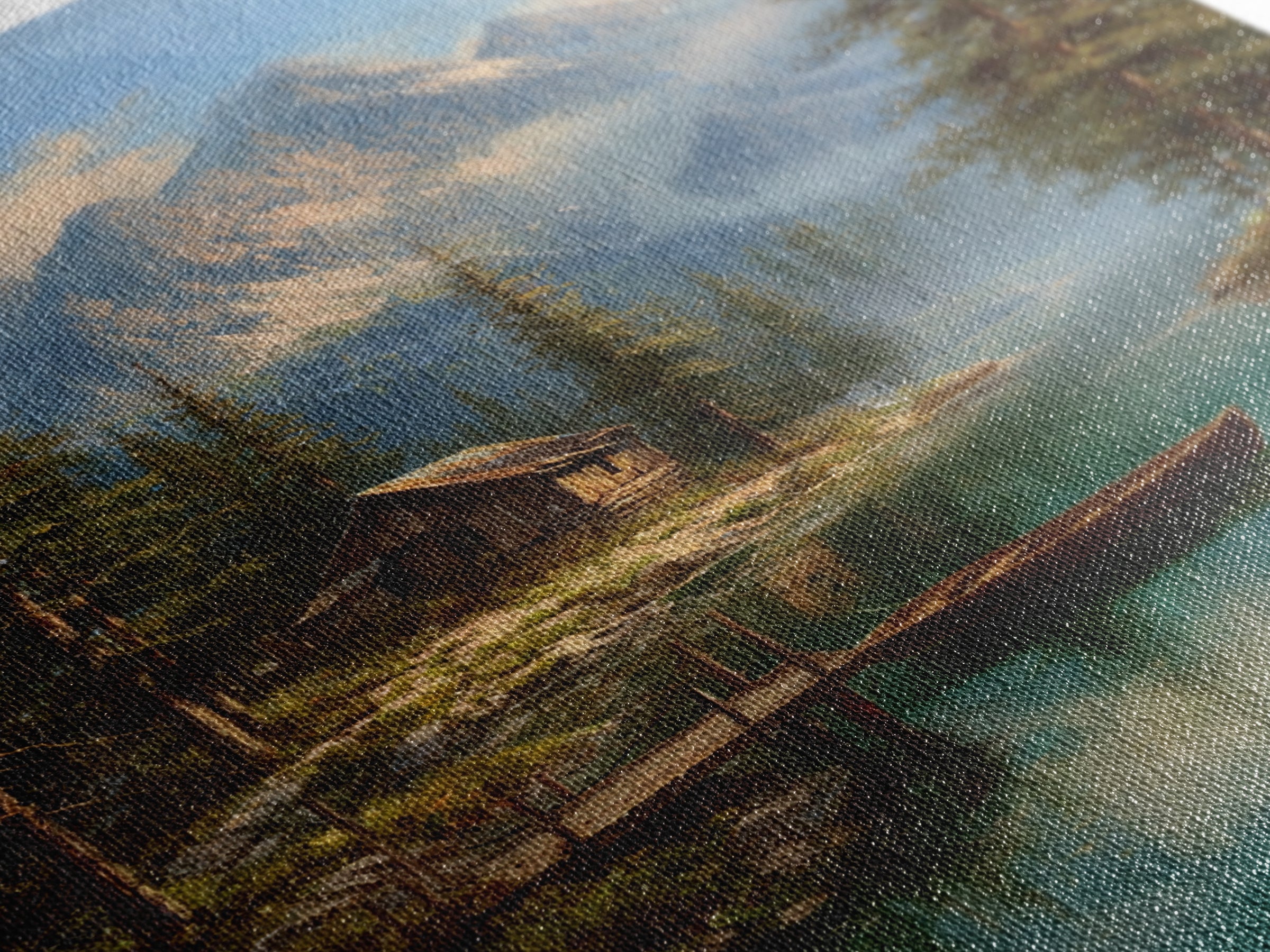 Tranquil Mountain Lake Cabin Scene Oil Painting Landscape Wall Art Canvas Print Rustic Home Decor Nature Lover Gift