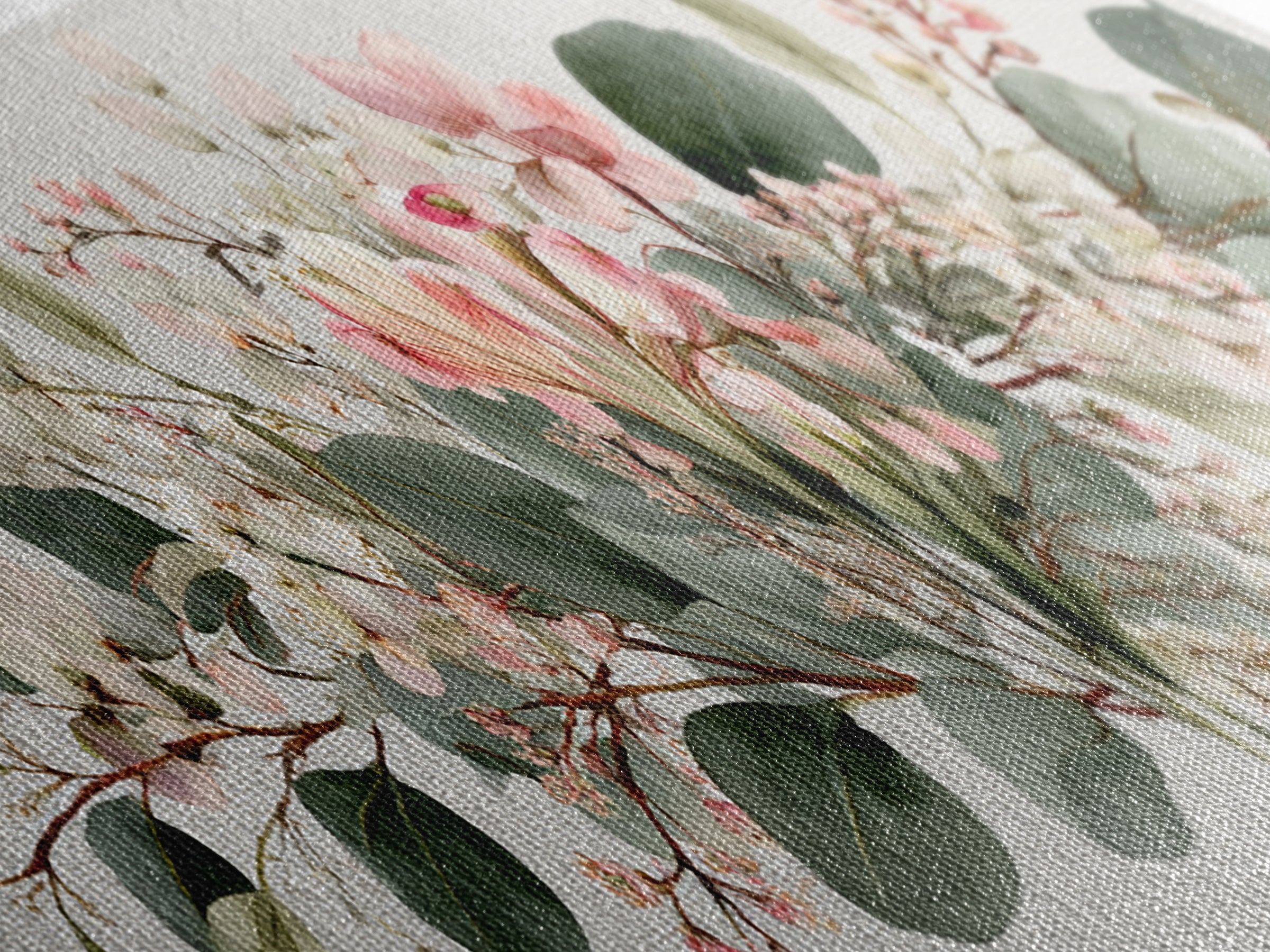 Soft Eucalyptus And Blush Magnolia Garland Wall Art, Panoramic Botanical Print, Neutral Floral Decor, Above Bed Canvas Print