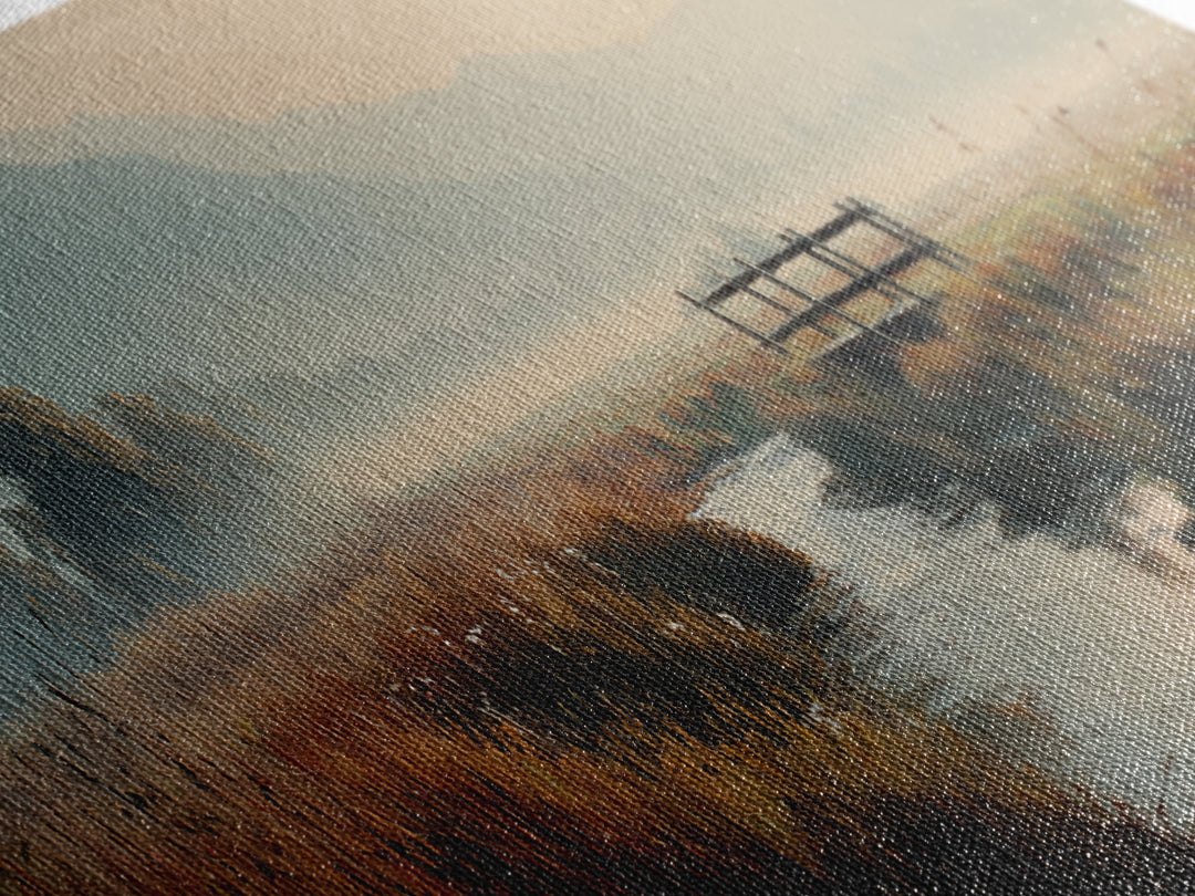 Misty Marsh Creek Canvas Print, Serene Mountain Landscape Wall Art, Neutral Nature Painting, Rustic Living Room Decor Print