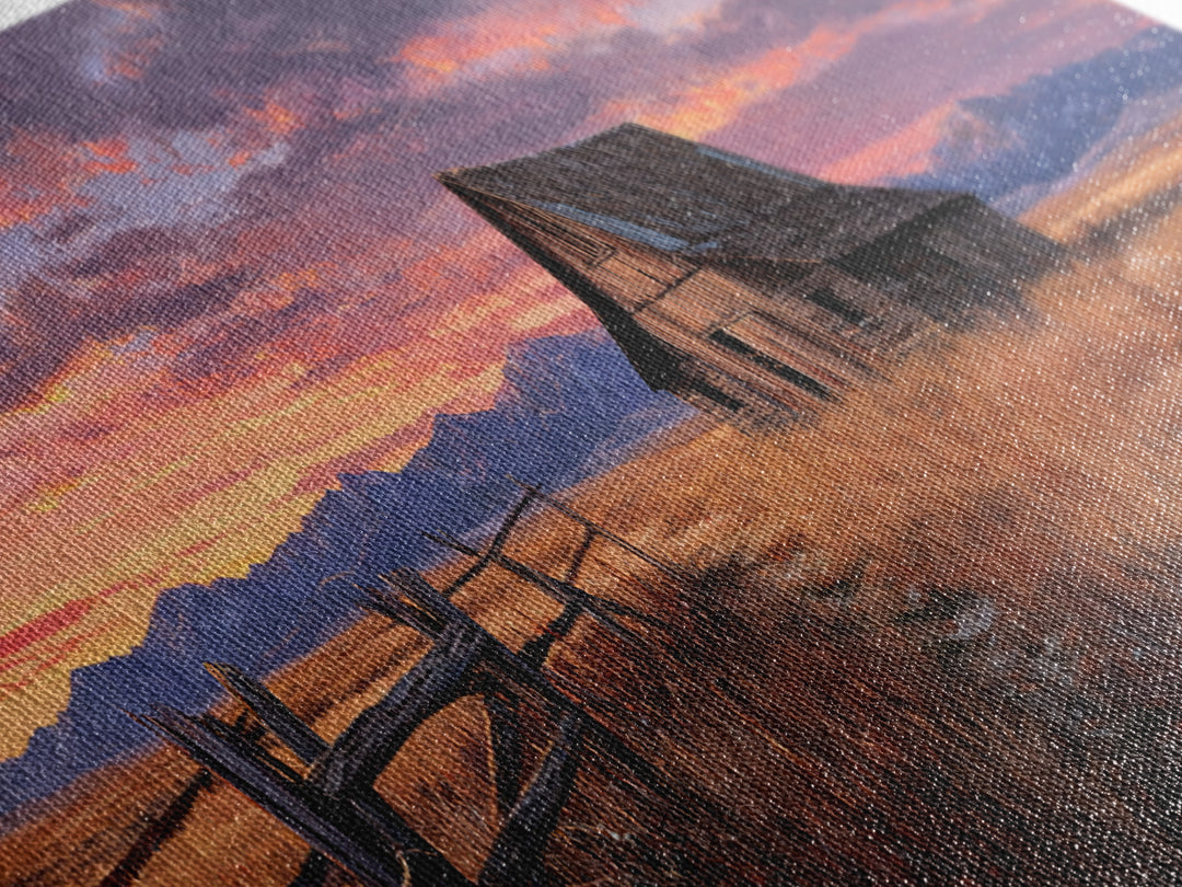 Rustic Barn Sunset Framed Canvas Print, Western Landscape Wall Art, Farmhouse Decor, Mountain Ranch Housewarming Gift For Him