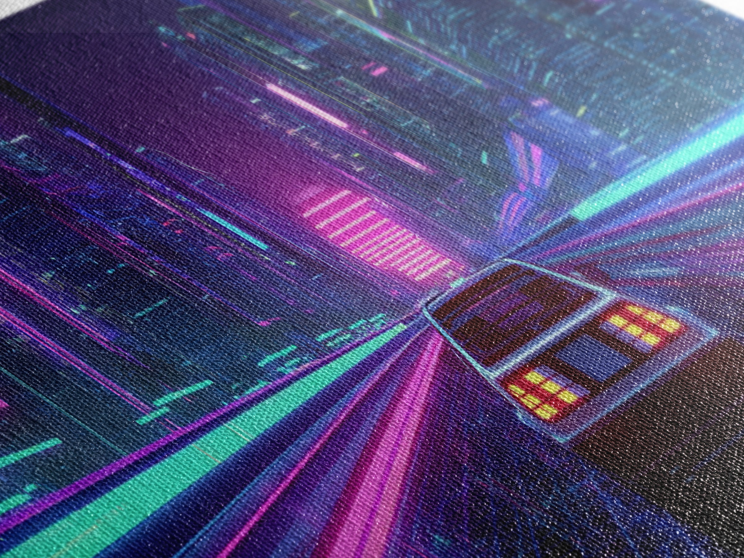 Neon Car Racing Through Cyberpunk City Canvas Print, Futuristic Wall Art, Synthwave Decor, Sci Fi Gaming Room Poster Art