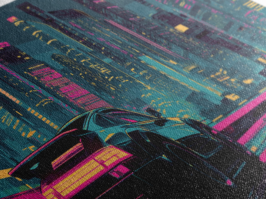 Cyberpunk Sports Car Canvas Print, Neon City Wall Art, Futuristic Gaming Room Decor, Large Synthwave Modern Wall Art Print