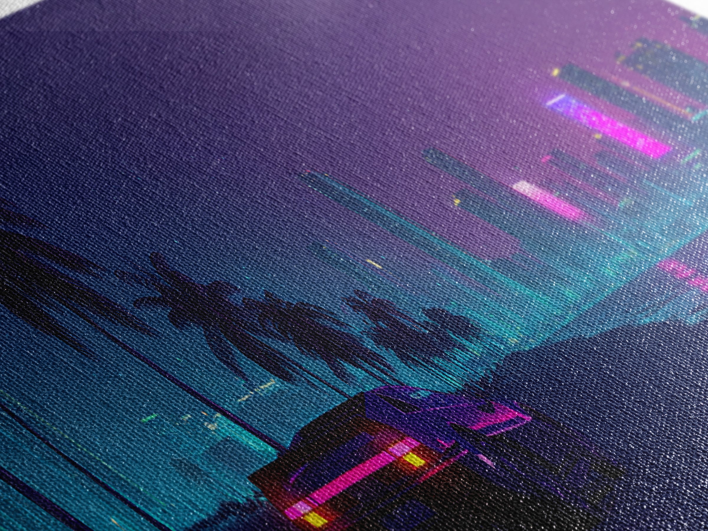 Neon Cyberpunk City Beach Wall Art, Retro Futuristic Canvas Print, Vaporwave Decor For Gaming Room And Modern Office Decor