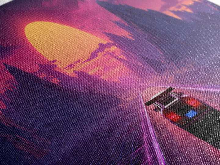Retro Futuristic Car Road Canvas Print, Cyberpunk Mountain Wall Art, Neon Synthwave Gaming Room Decor, Sci Fi Poster, Gift For Him