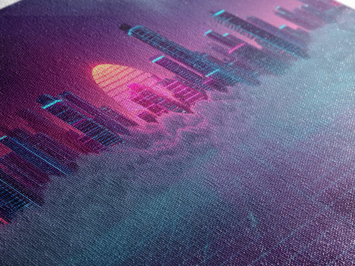 Vaporwave Skyline Over Clouds Canvas Print, Retro Futuristic City Wall Art, Neon Synthwave Decor, Gaming Room Poster, Gift