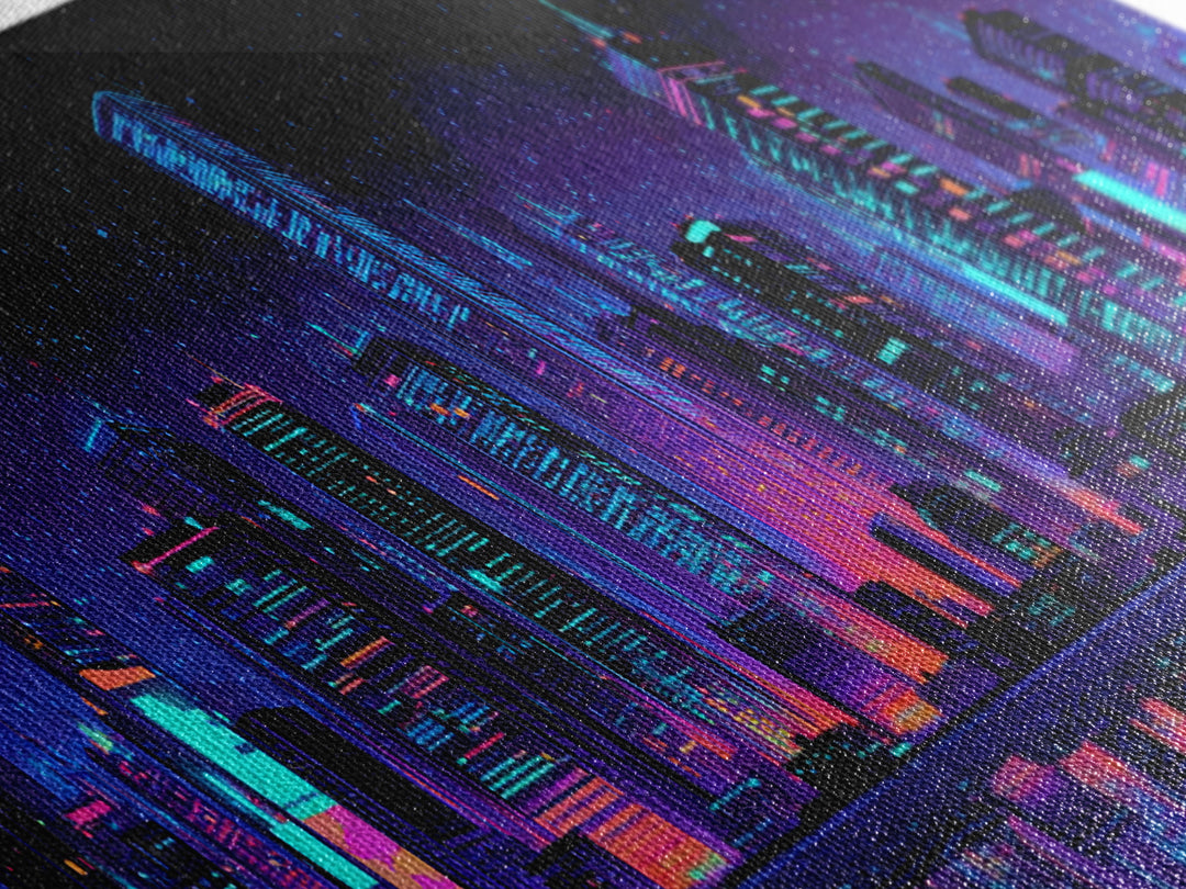 Neon Cyberpunk City Skyline Wall Art, Futuristic Urban Canvas Print, Vaporwave Gaming Room Decor, Sci Fi Office Poster Art