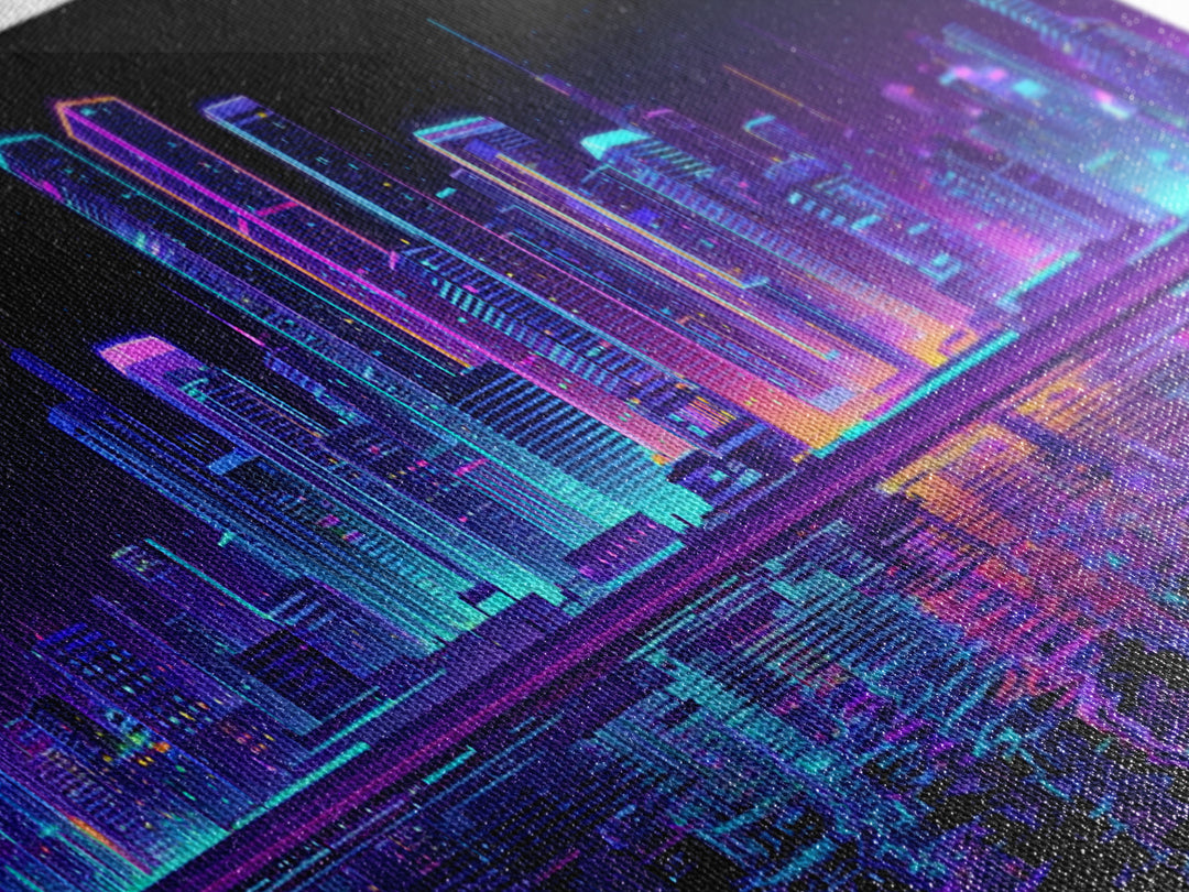 Neon Cyberpunk City Skyline Wall Art, Futuristic Synthwave Canvas Print, Urban Night Office Decor, Gamer Room Home Decor Poster