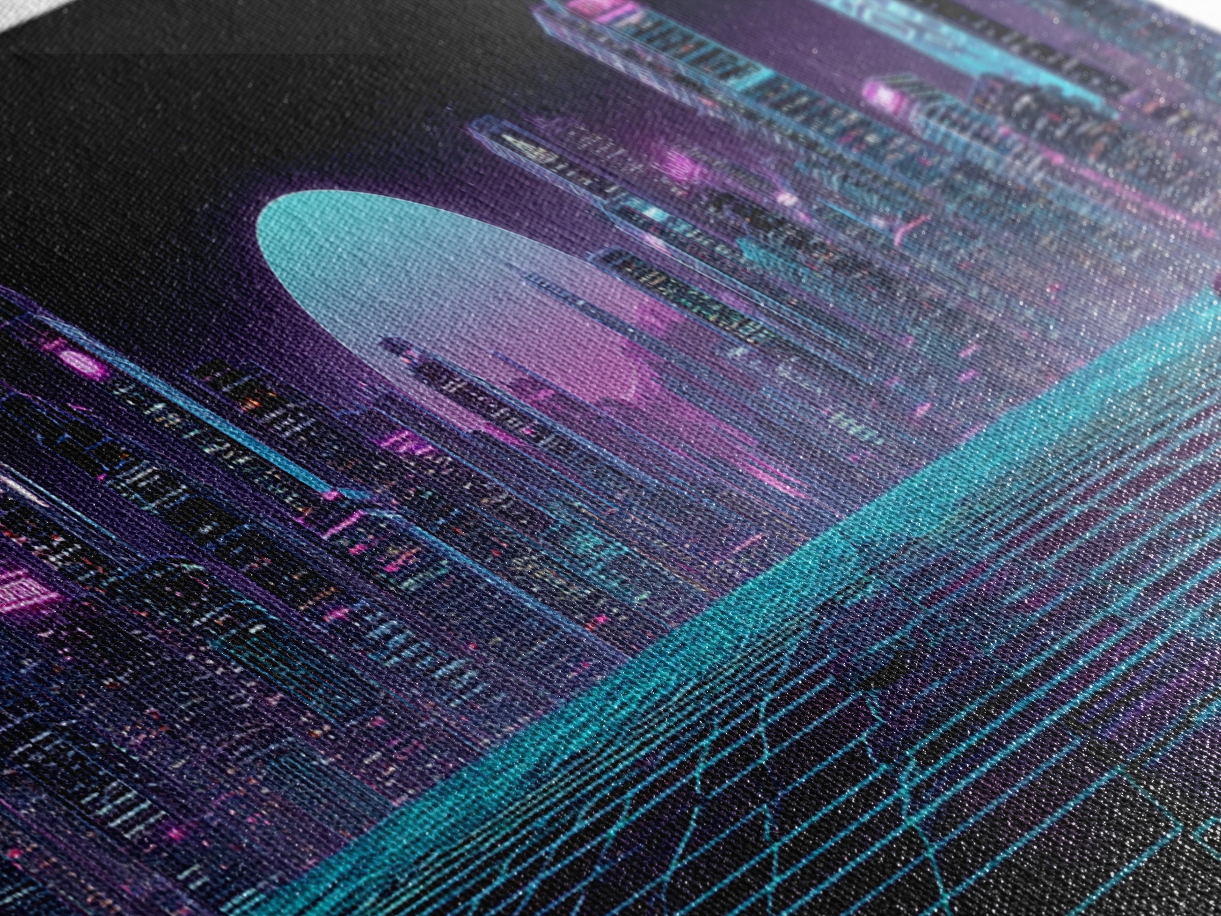 Futuristic Neon Skyline And Grid Highway, Cyberpunk Wall Art, Synthwave Canvas Print, Gaming Room Decor, Office Wall Decor