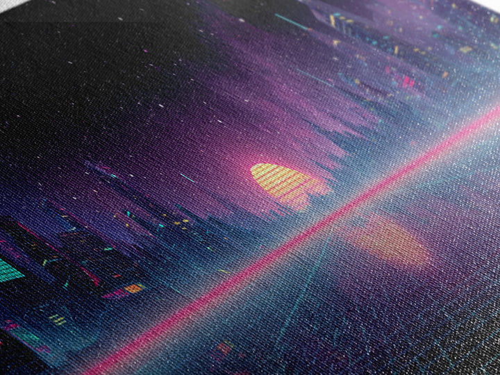 Futuristic Neon City Skyline Wall Art, Cyberpunk Grid Landscape, Sci Fi Poster, Vaporwave Decor, Gaming Room Canvas Print