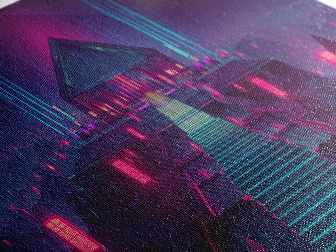 Neon Cyberpunk Temple Stairway Canvas Print, Futuristic Wall Art, Sci Fi Gaming Room Decor, Modern Statement Artwork For Office