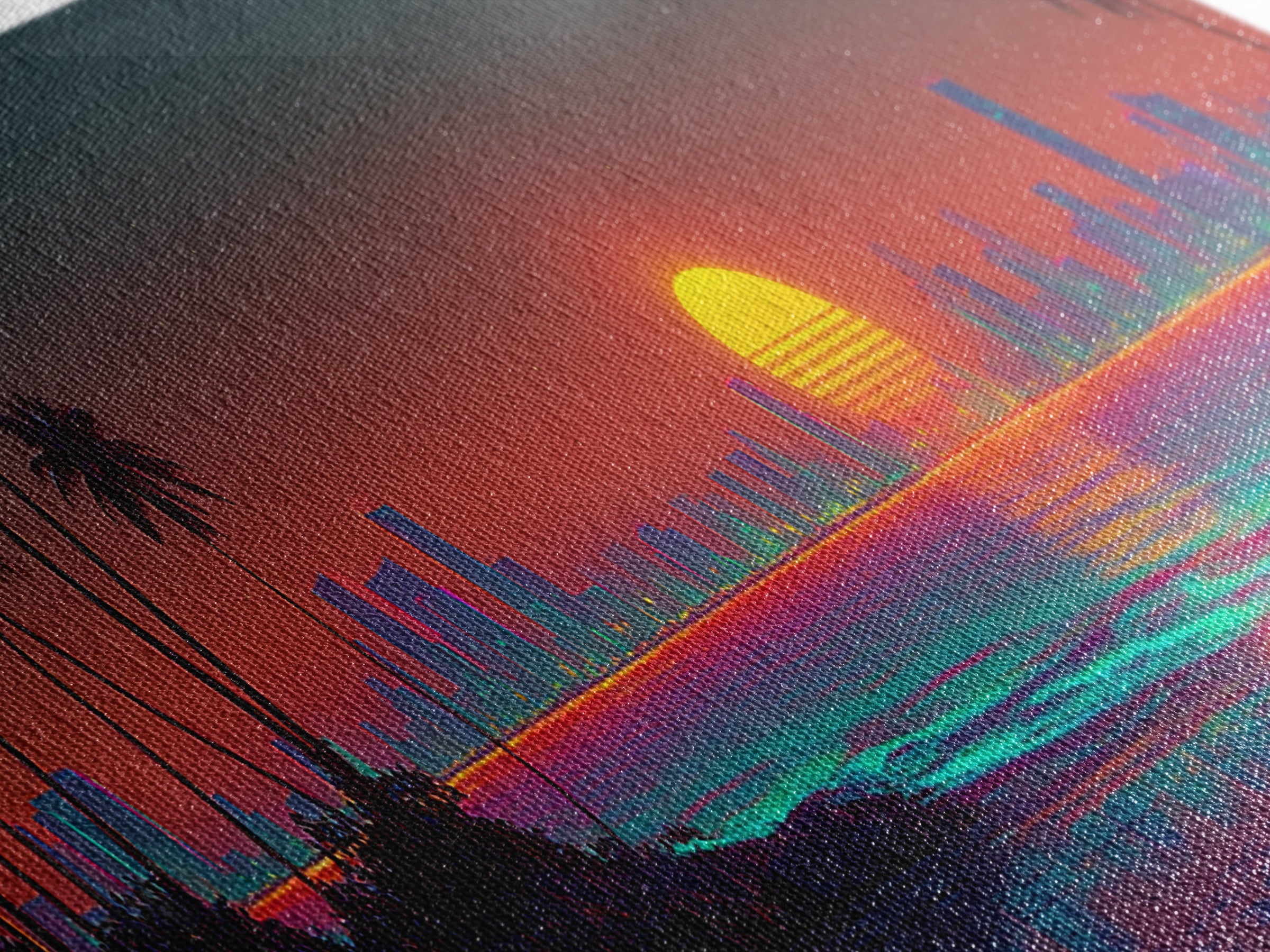 Retro Neon Coastal City Skyline Wall Art, Palm Beach Sunset, Synthwave Ocean Decor, Modern Living Room Canvas Print, Large Horizontal Art