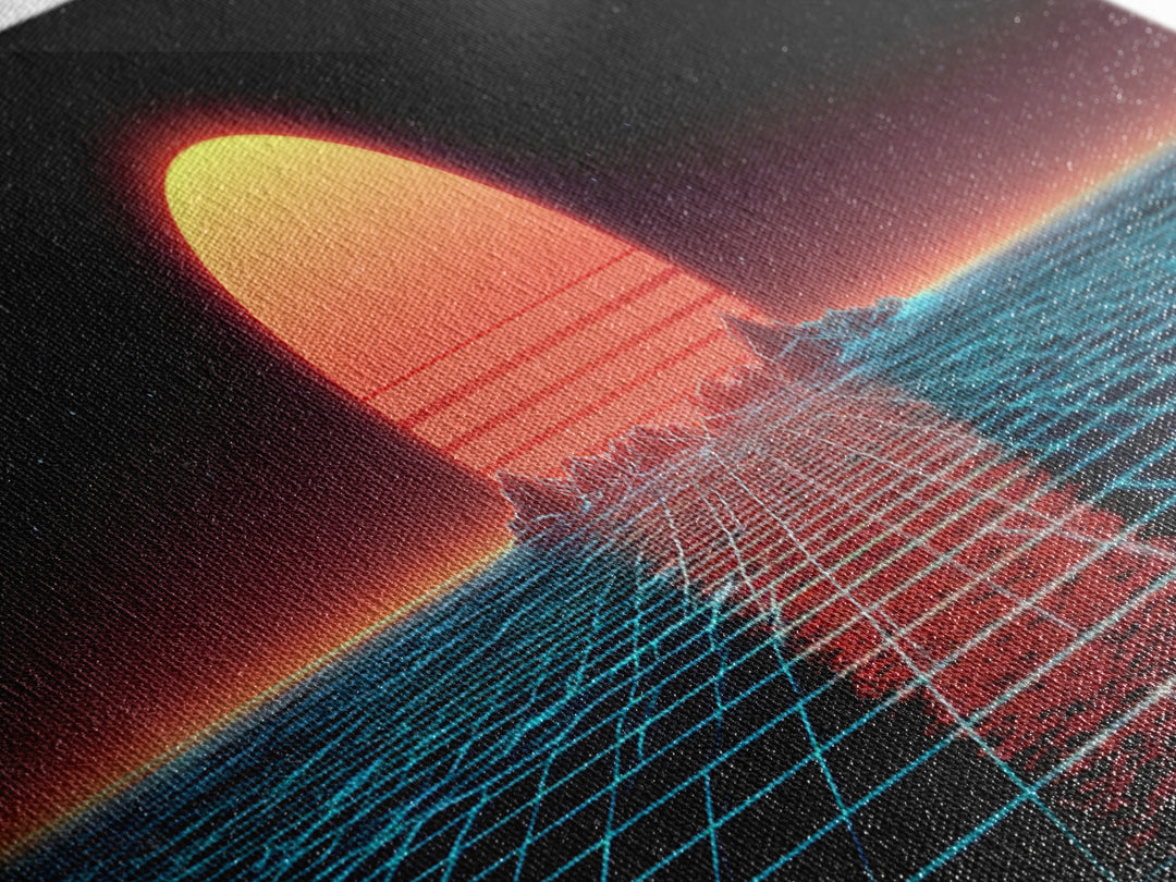 Retro Futuristic Ocean Grid Sunset Wall Art, Synthwave Neon Landscape, Vaporwave Decor, Large Horizontal Art Print, Home Decor