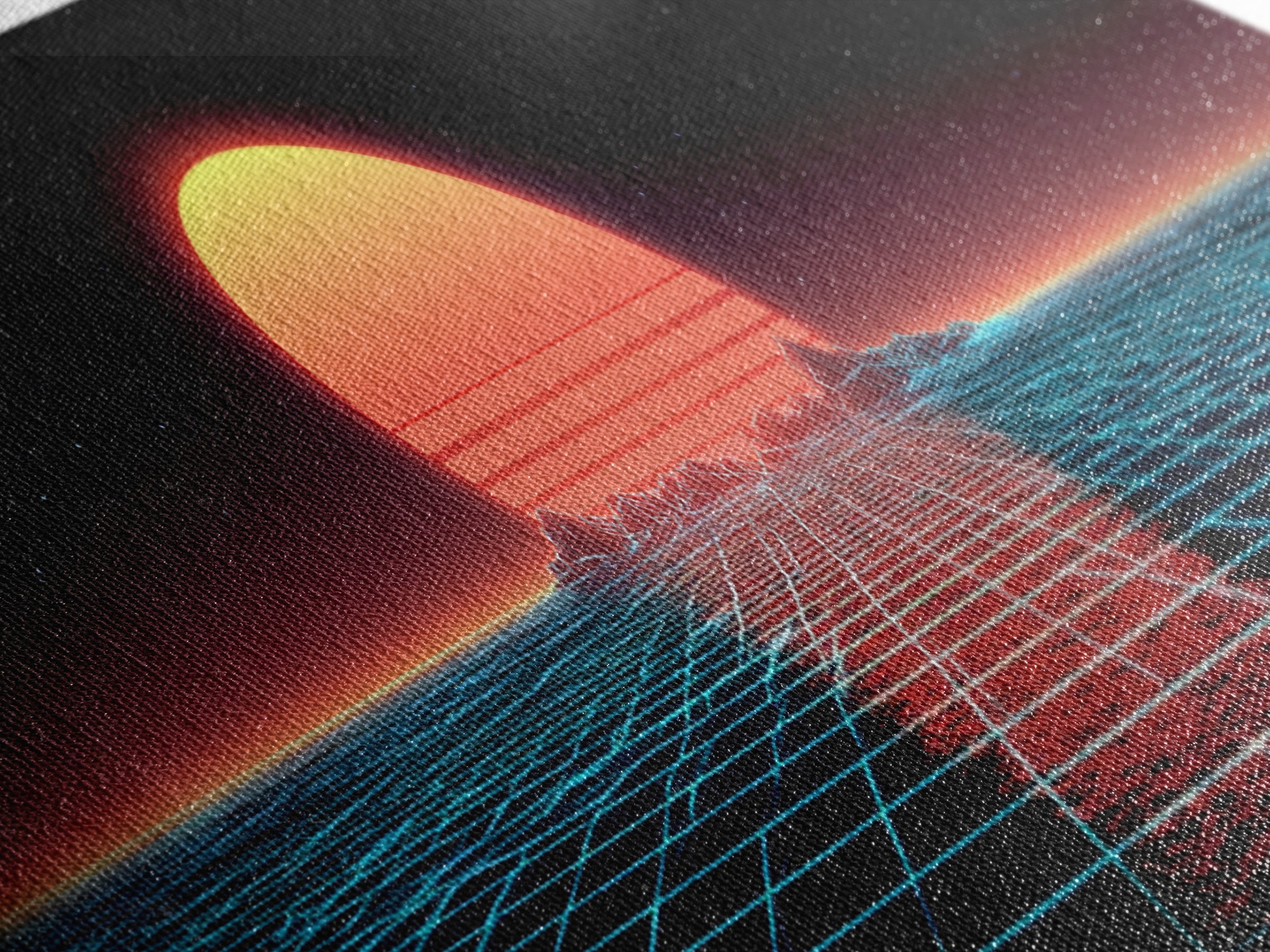 Retro Futuristic Ocean Grid Sunset Wall Art, Synthwave Neon Landscape, Vaporwave Decor, Large Horizontal Art Print, Home Decor