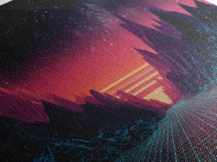 Synthwave Mountain Road Under Starry Sky, Retro Futuristic Wall Art, Landscape Canvas Print, Man Cave Decor, Large Wall Art