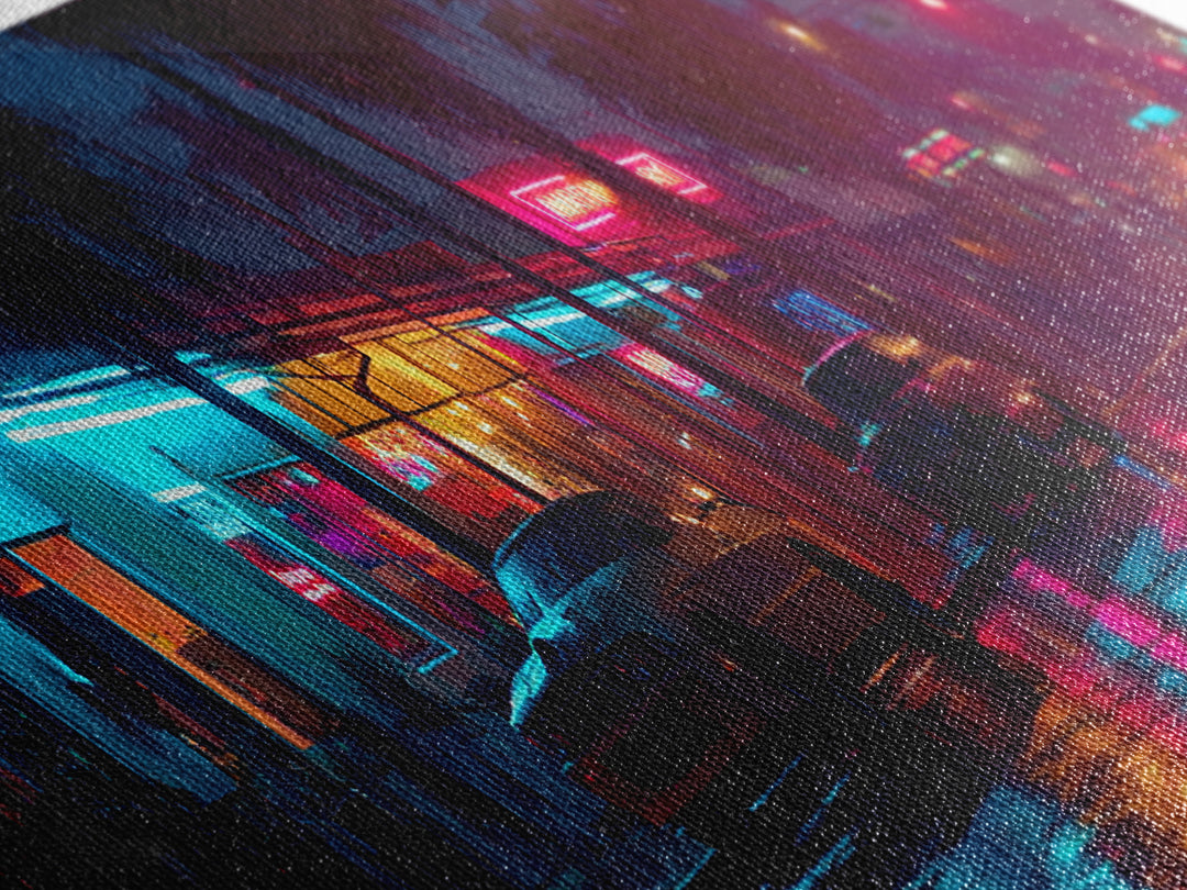 Rainy Neon City Street Wall Art, Cyberpunk Urban Night Canvas Print, Retro Motel Lights, Modern Office Decor, Moody Wall Decor