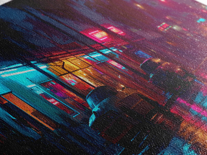 Rainy Neon City Street Wall Art, Cyberpunk Urban Night Canvas Print, Retro Motel Lights, Modern Office Decor, Moody Wall Decor