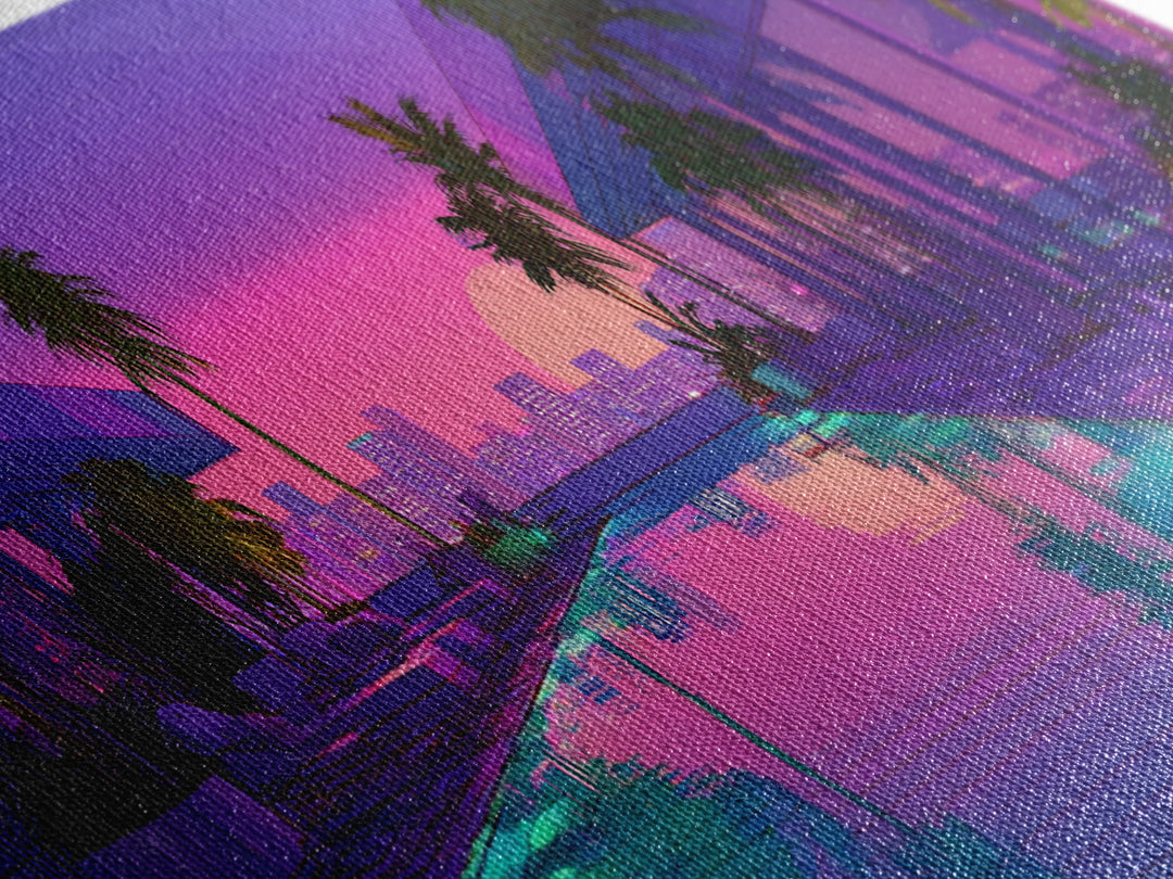 Neon Poolside City Sunset Framed Canvas Print, Miami Palm Skyline Wall Decor, Cyberpunk Art, Modern Living Room Decor, Large Wall Art